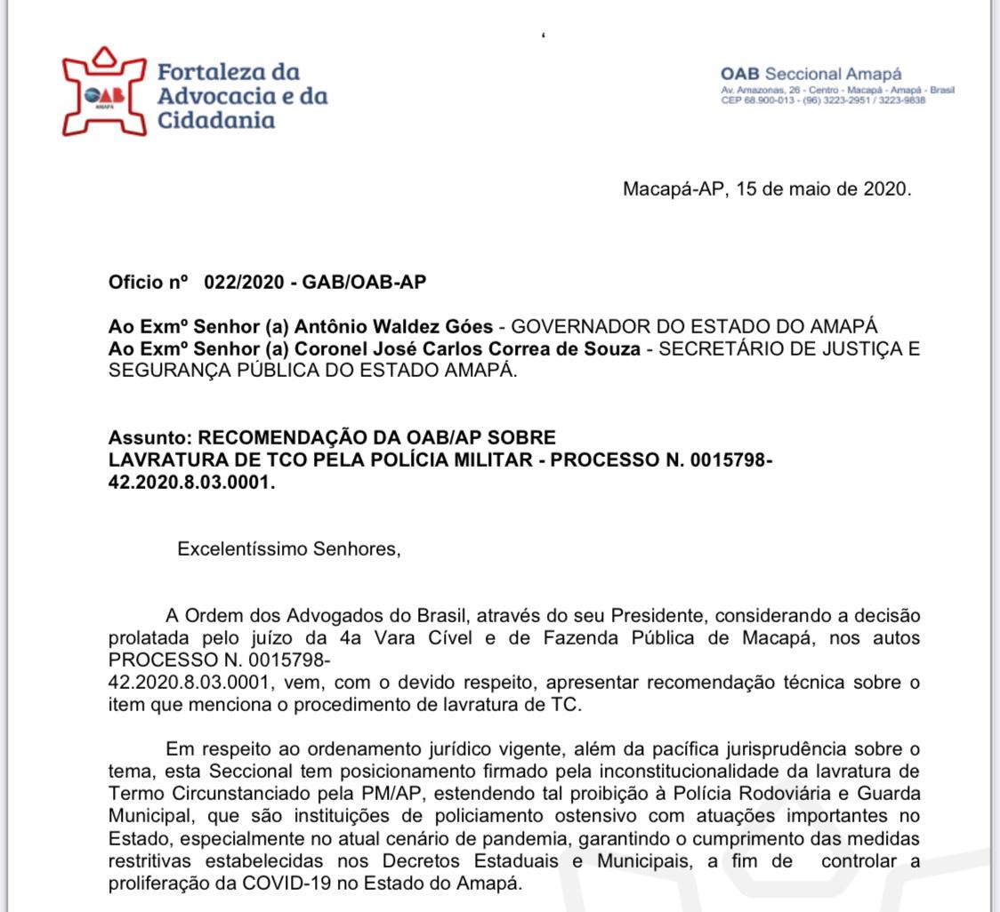OAB/AP apresenta recomendação técnica sobre inconstitucionalidade de Termo circunstanciado lavrado pela Polícia Militar